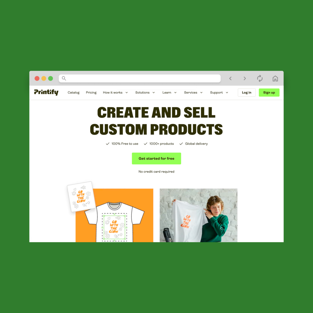 Printify homepage hero section screenshot mockup.