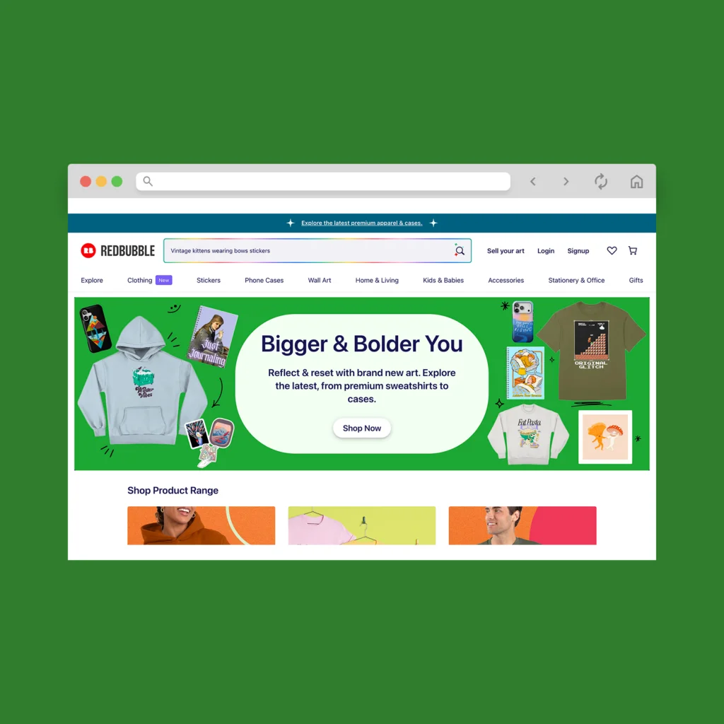 Redbubble homepage hero section screenshot mockup.