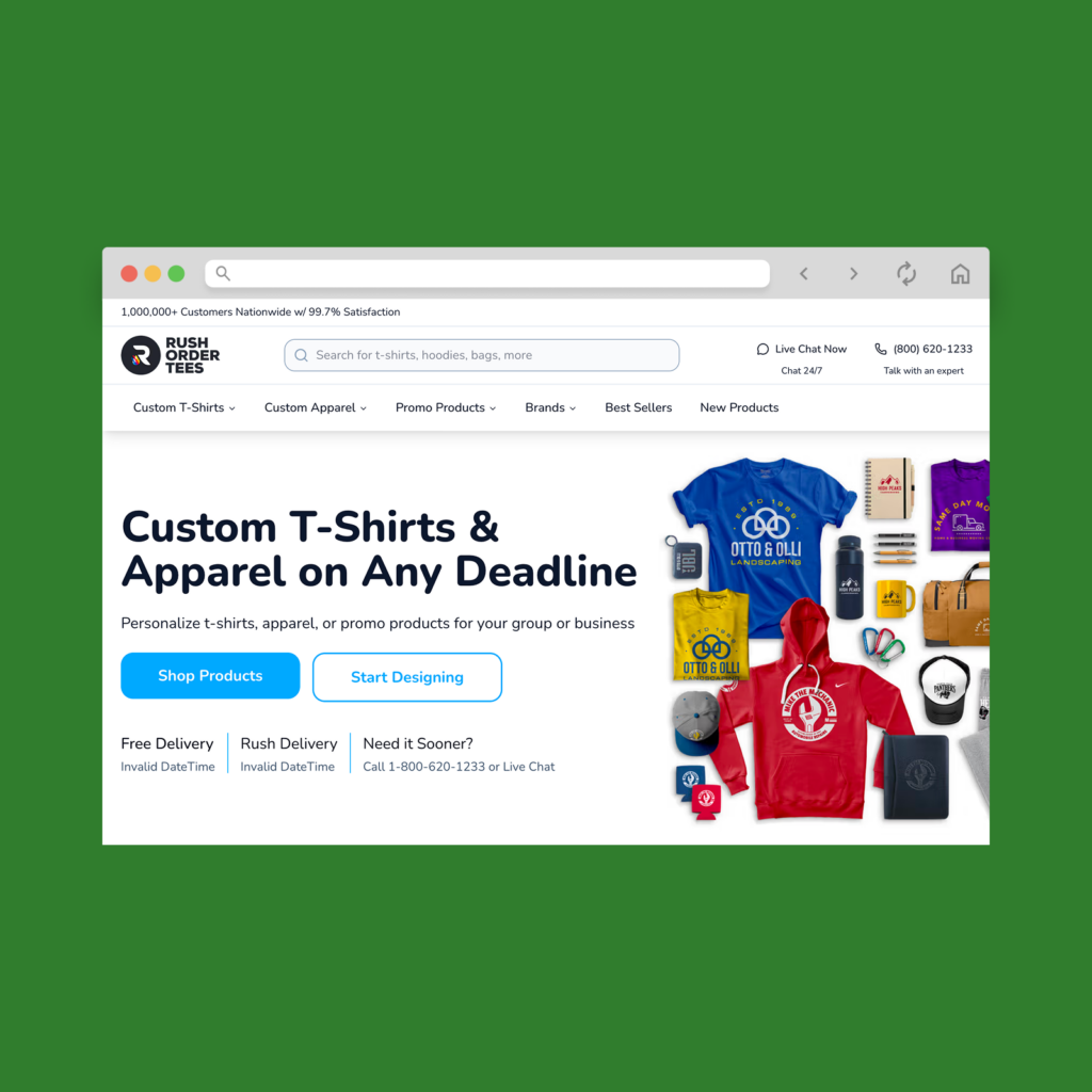 RushOrderTees homepage hero section screenshot mockup.
