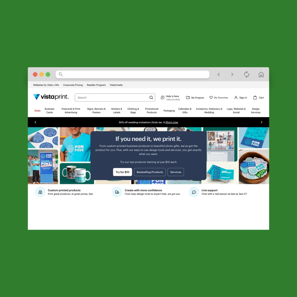 Vistaprint homepage hero section screenshot mockup.