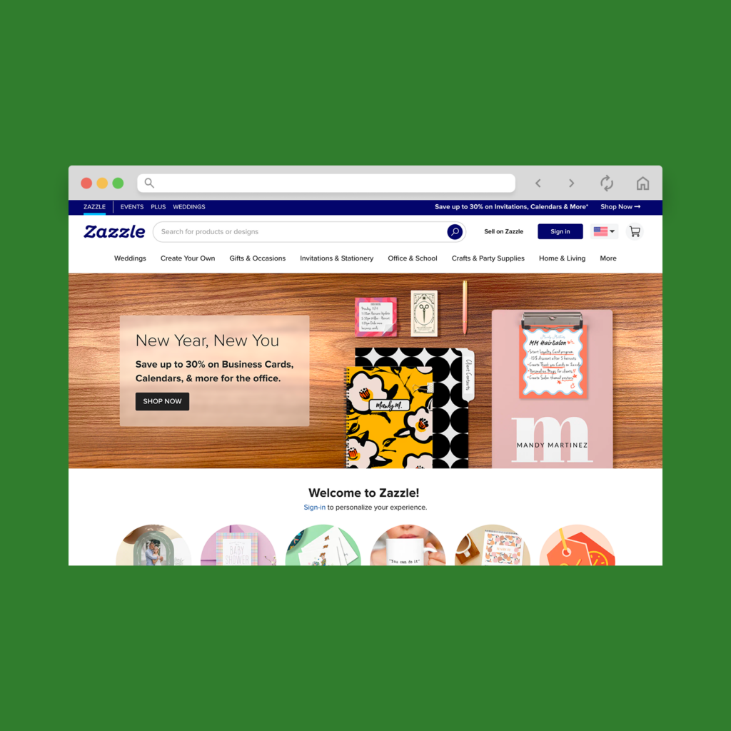 Zazzle homepage hero section screenshot mockup.