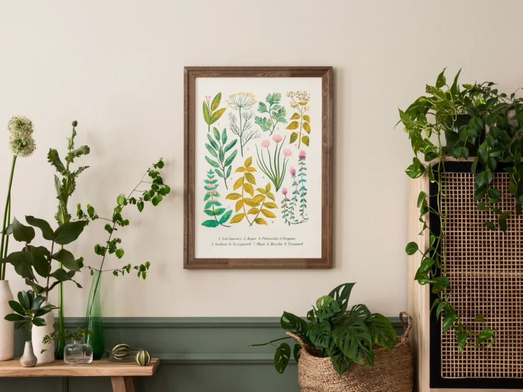 Framed botanical print of herbs on a beige wall surrounded by lush green plants in vases and baskets.