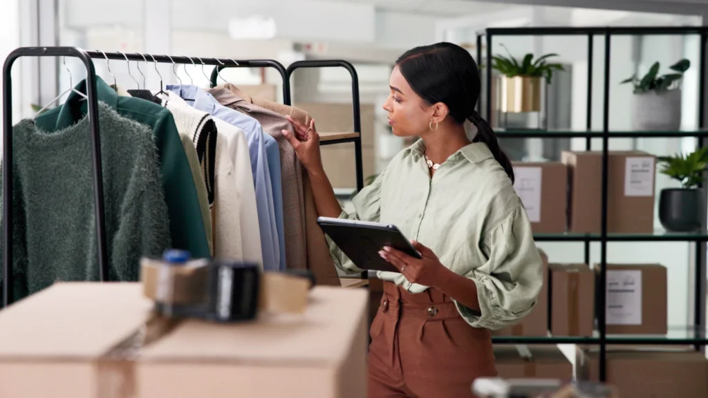 A woman examines various clothing items on a rack in a retail store.
