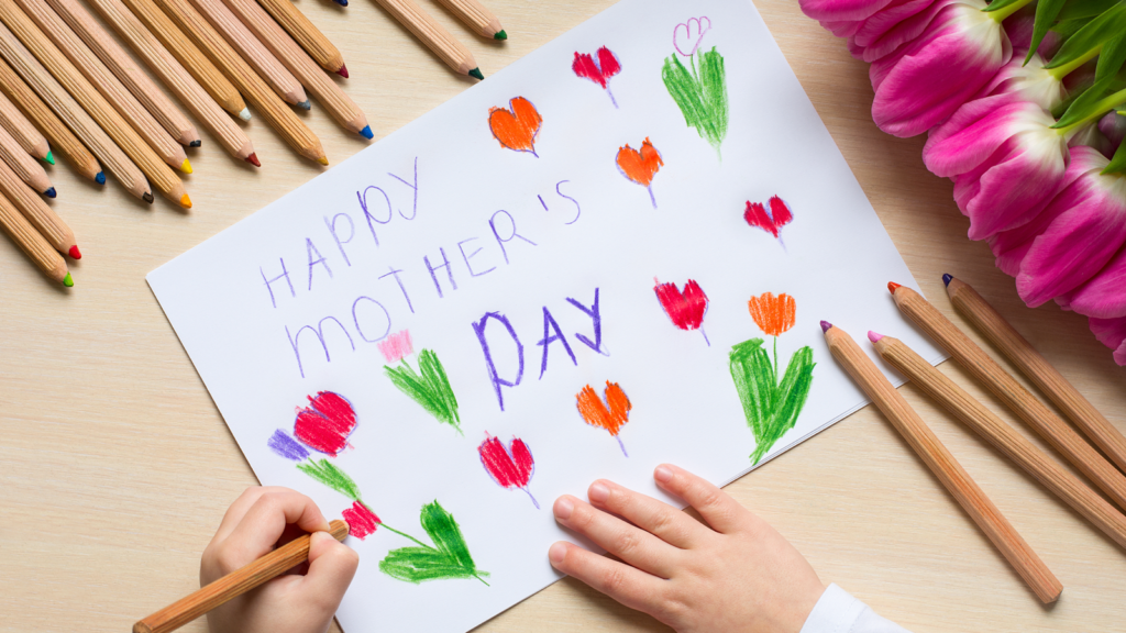 Mother's Day card featuring colorful flowers and pencils, symbolizing creativity and appreciation for mothers.