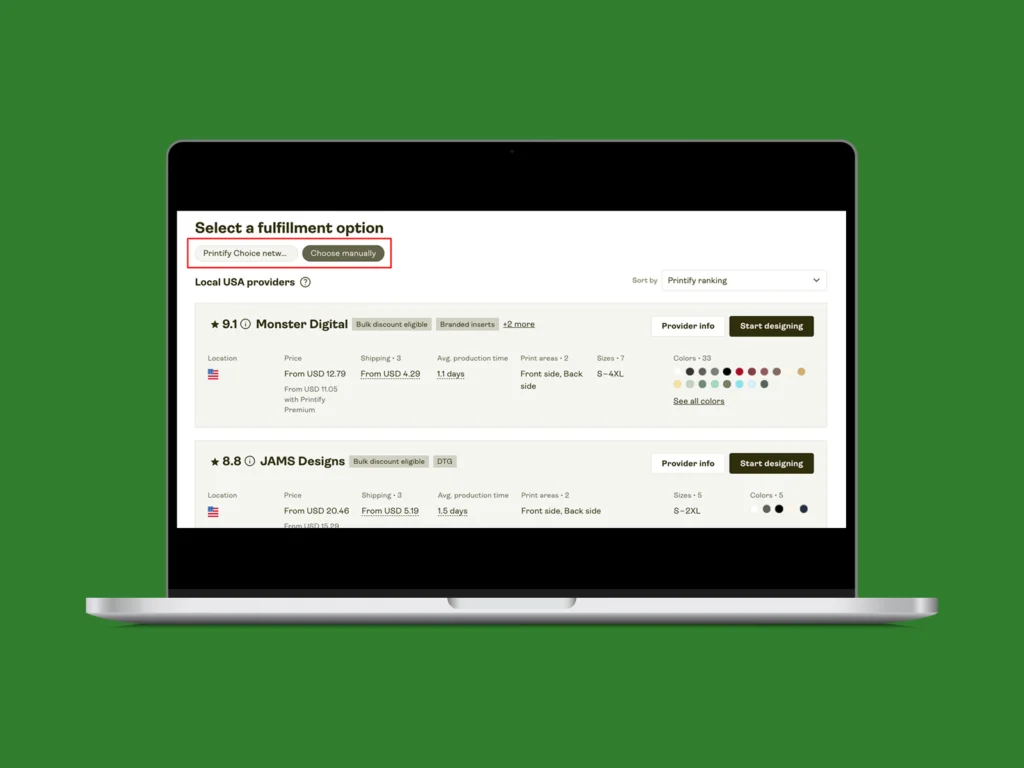 A screenshot mockup showing how to choose Print Providers when using Printify.