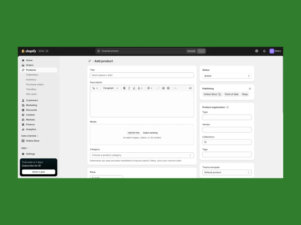 Shopify add product page