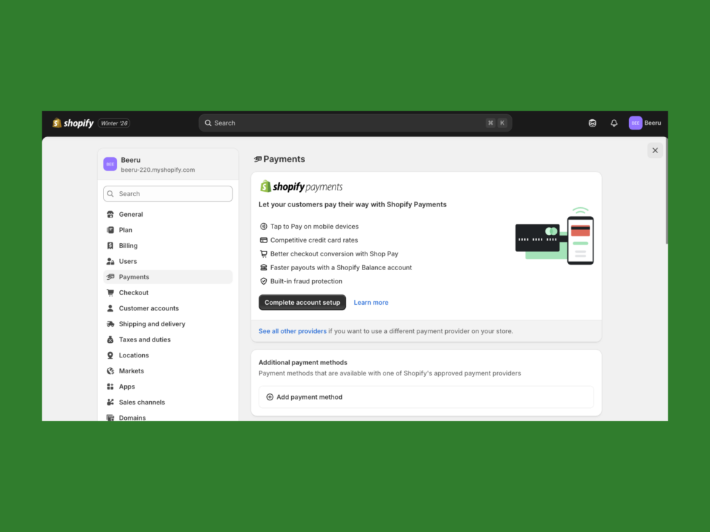 Shopify payments page