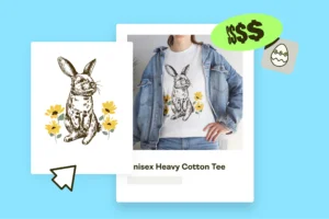 A blog teaser image on a light-blue background, showing an Easter t-shirt design idea.