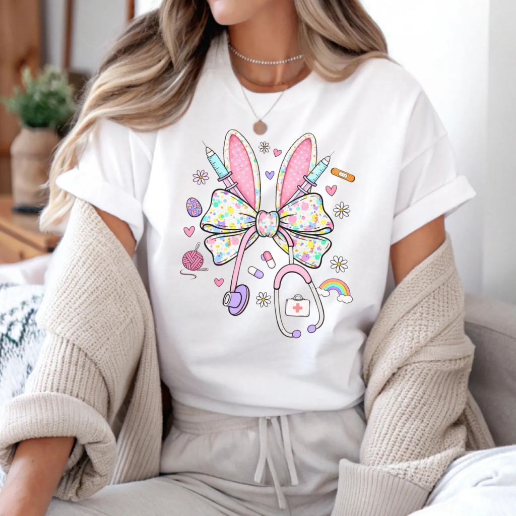 A woman wears a white t-shirt with a colorful design featuring a large bow with pink bunny ears and syringes.