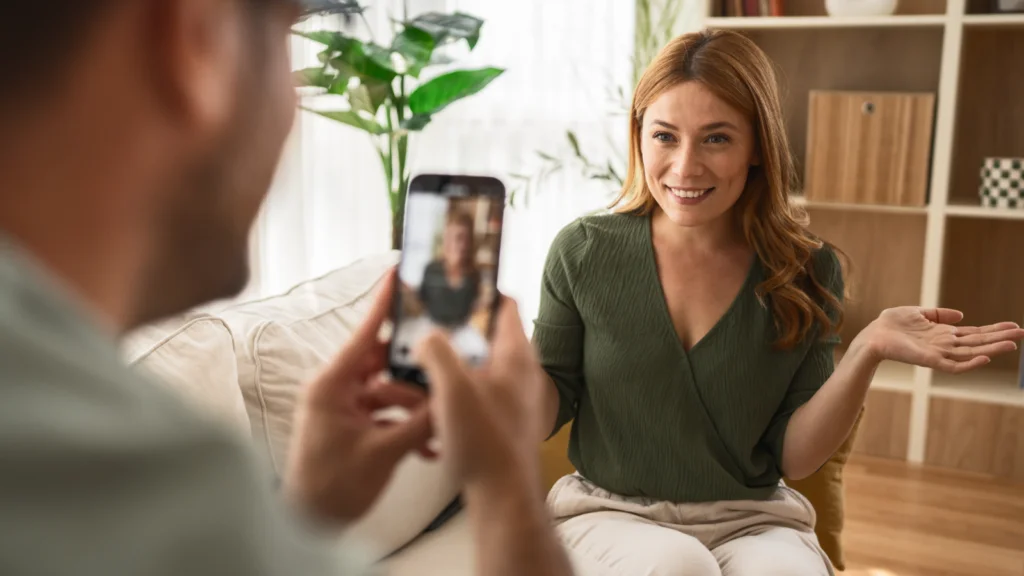 A woman with red hair smiles warmly, sitting on a couch indoors, while a person films her using a smartphone.