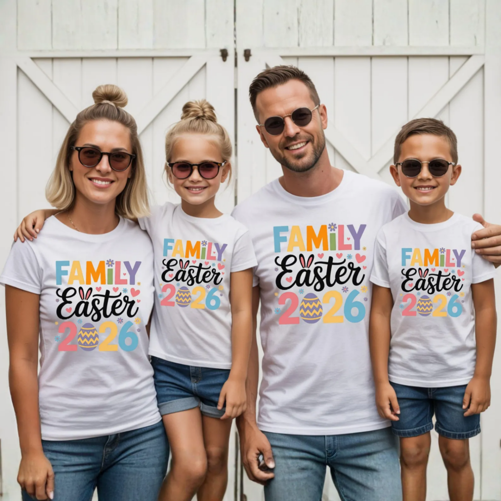 A smiling family of four wearing matching white t-shirts with "Family Easter 2026" in colorful text. They stand against a white barn.