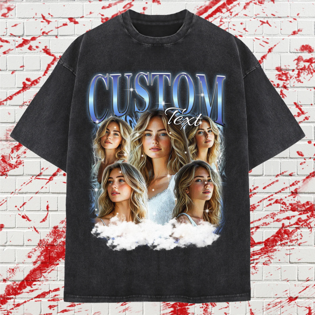 Black t-shirt featuring five images of the same blonde woman in various poses. "Custom Text" in bold blue letters.