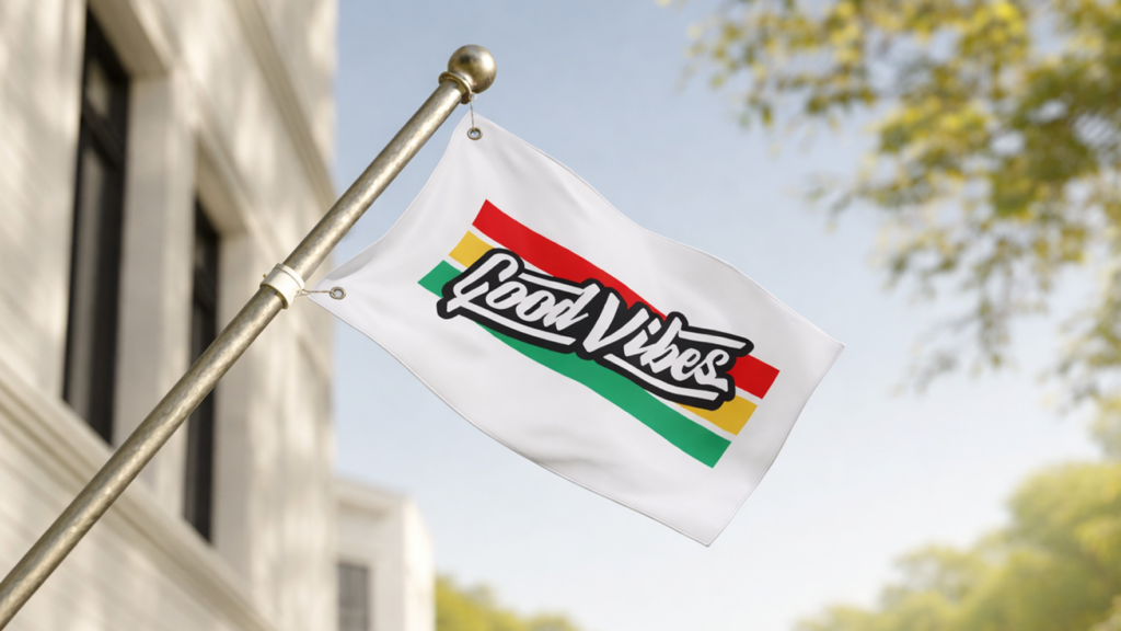 A white flag with "Good Vibes" text in black, outlined in white, and red, yellow, and green stripes. It's flying on a sunny day near a building.