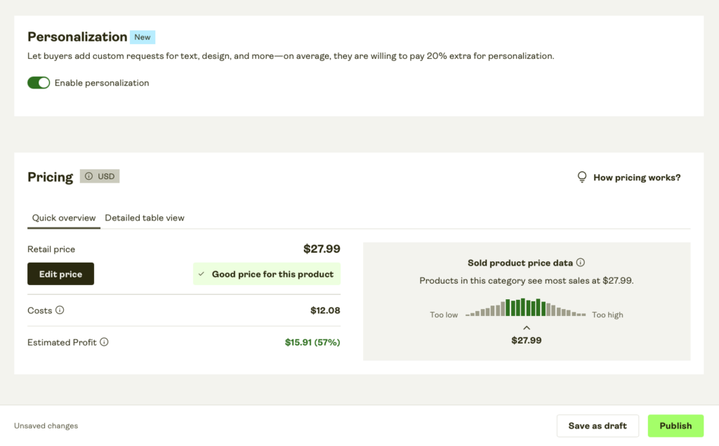 Printify's product pricing widget