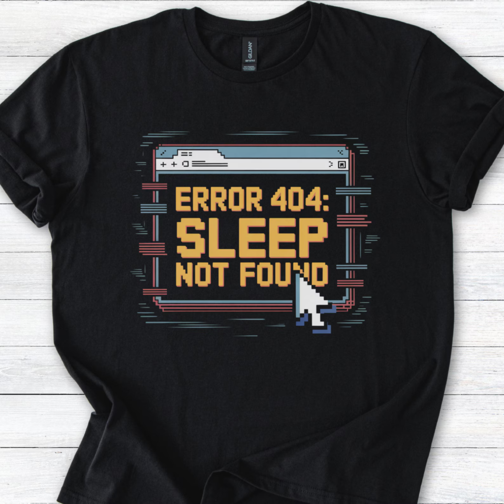 Black t-shirt with a pixel art design of a computer error message reading “Error 404: Sleep Not Found” featuring a large cursor icon.