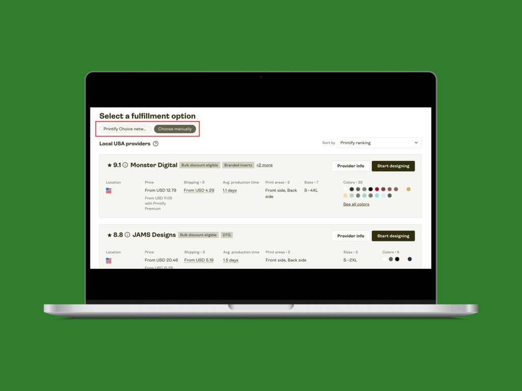 A screenshot mockup showing how to choose Print Providers when using Printify.