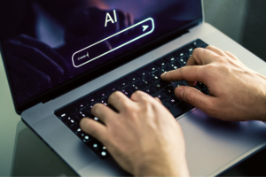 A person is typing a prompt for an AI chatbot.