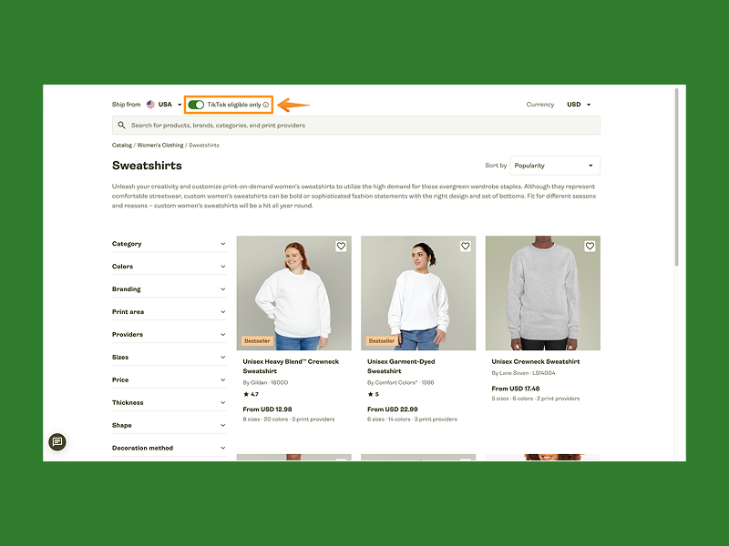 Online catalog interface showing unisex sweatshirts. Options include "Heavy Blend" and "Garment-Dyed." Users can filter TikTok eligible items.