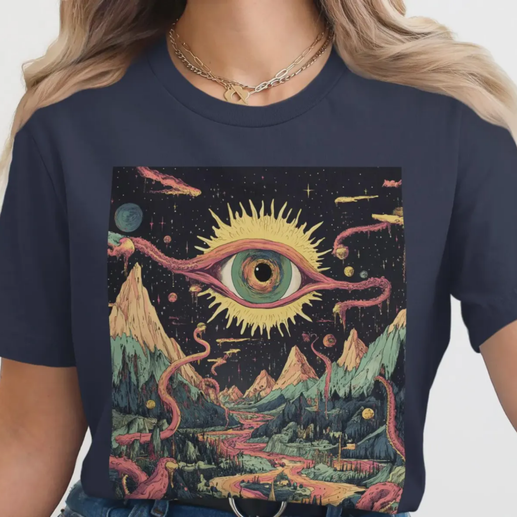 A woman wears a navy t-shirt with surreal graphics: a large eye in the center with sun rays, surrounded by mountains, planets, and swirling shapes.