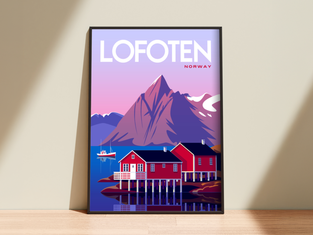 Framed illustrated poster of Lofoten, Norway, shows colorful red cabins on stilts, calm water, a boat, and a mountain with a sunset backdrop.