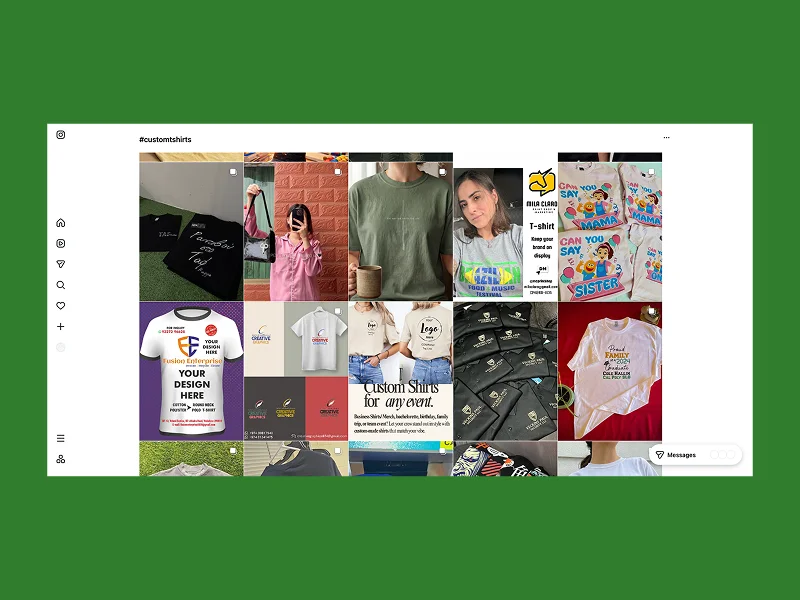 A grid of 15 social media images displays custom t-shirts and sweatshirts.