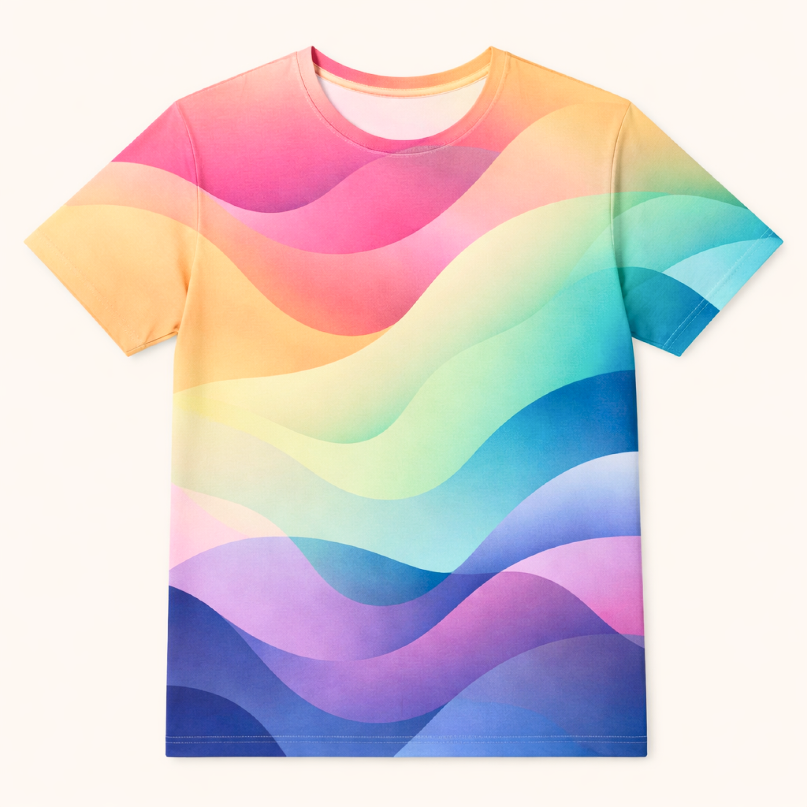 A T-shirt with flowing rainbow wave patterns in vibrant colors, including red, orange, yellow, green, blue, and purple, creating a dynamic, cheerful tone.
