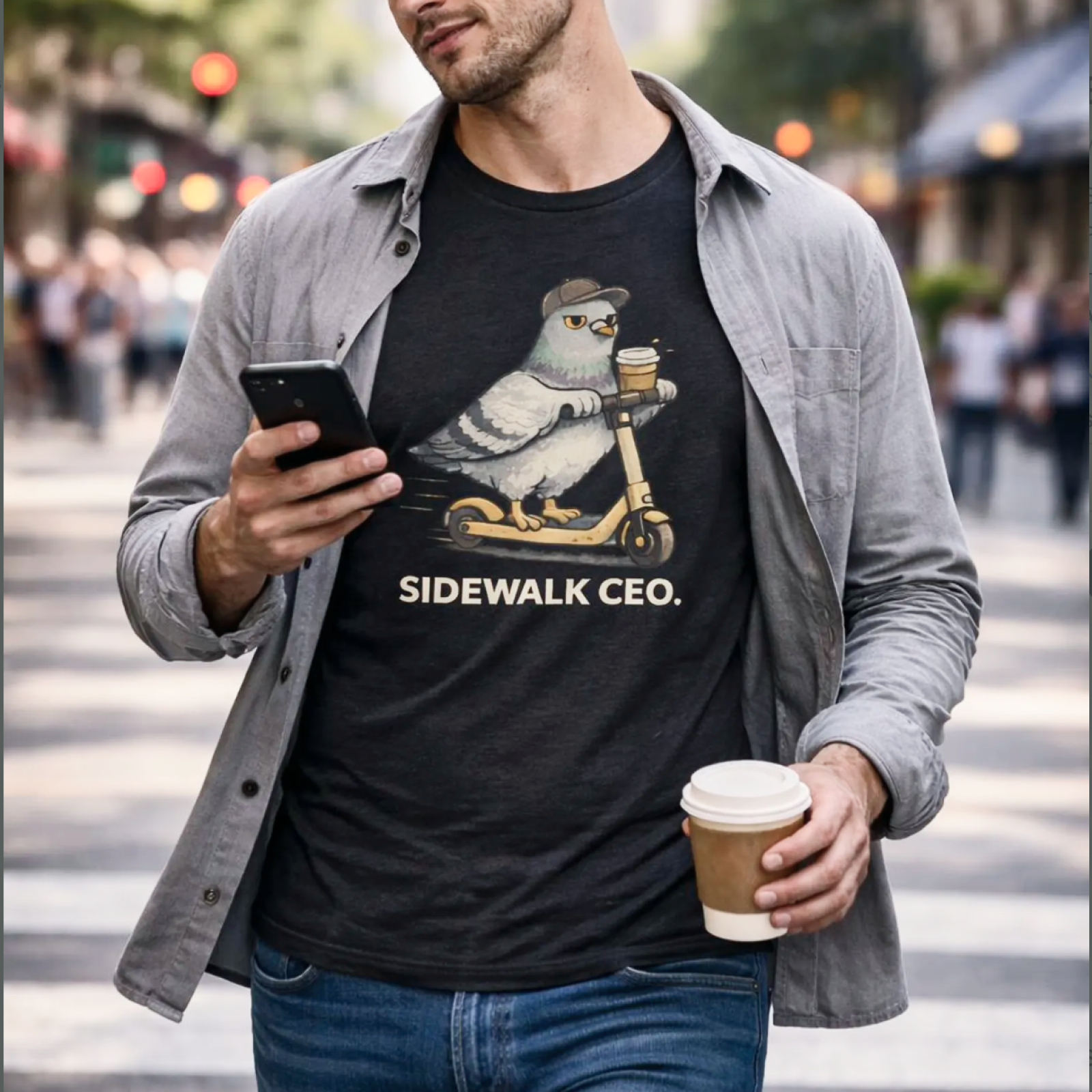 Man walking in city street, wearing a "Sidewalk CEO" shirt with a pigeon on a scooter.
