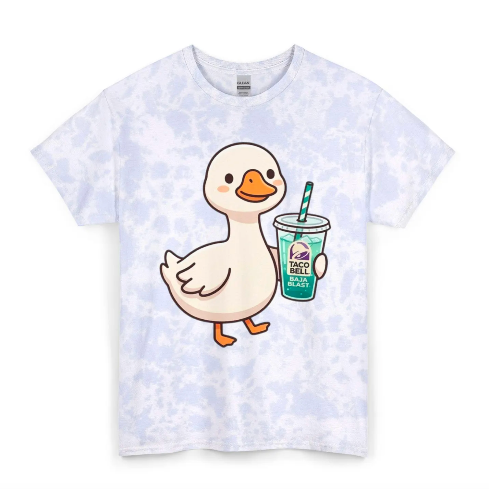 Cartoon duck on a tie-dye shirt holds a Taco Bell Baja Blast drink with a straw.