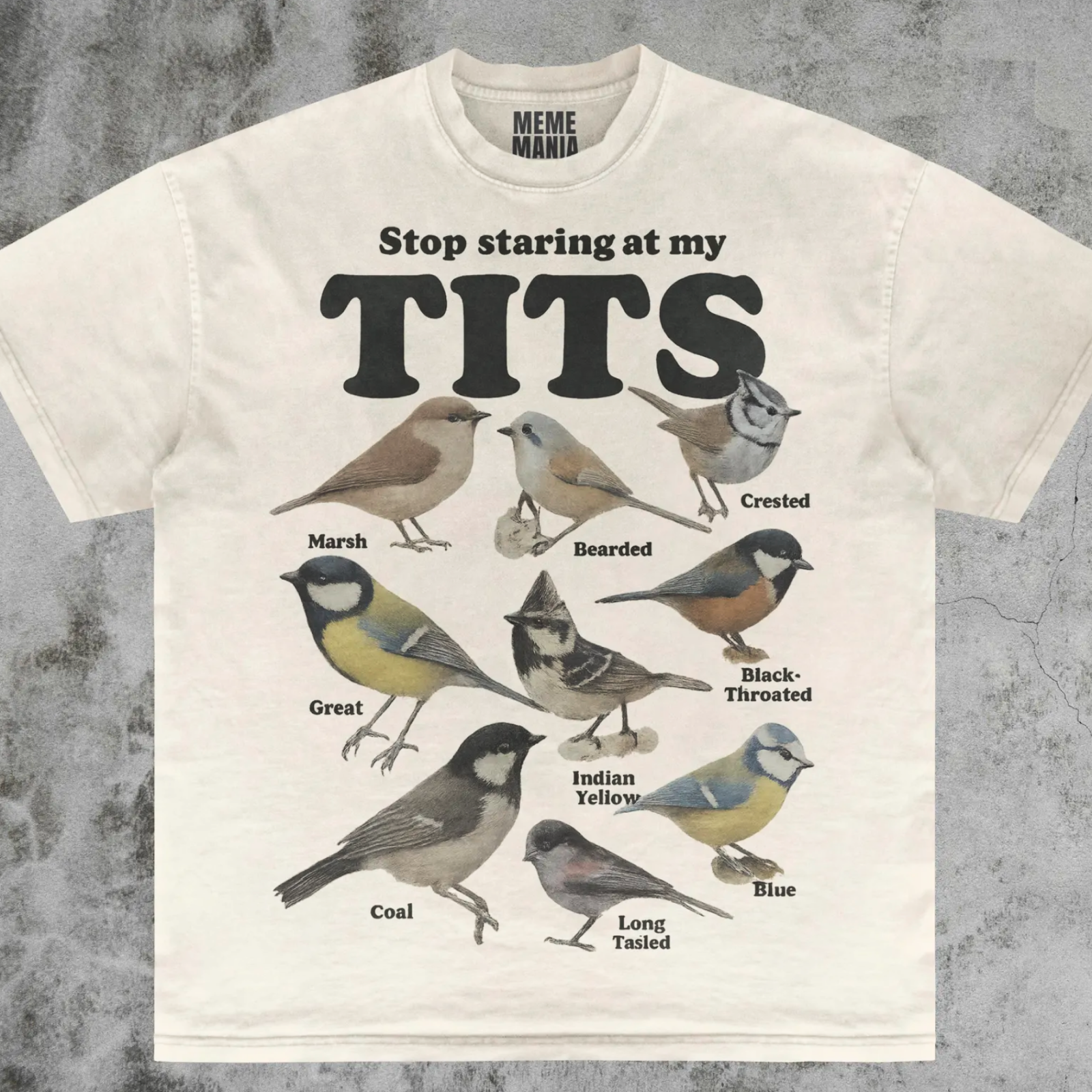 T-shirt with "Stop staring at my TITS" showing illustrations of various birds labeled Marsh, Bearded, Crested, Great, Black-Throated, Coal, Indian Yellow, Blue, and Long Tailed.