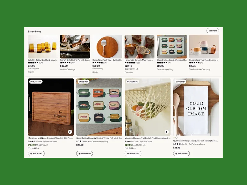 Etsy homepage featuring a selection of curated kitchen items, including glassware, wooden cutting boards, and personalized towels, set against a green background.
