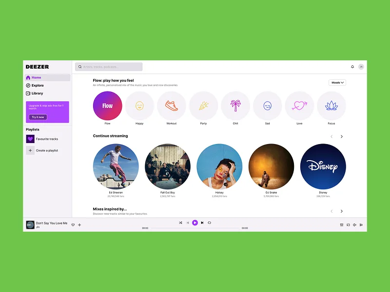 Deezer music app interface on a green background, showing playlists and mood-based categories like Happy and Chill.