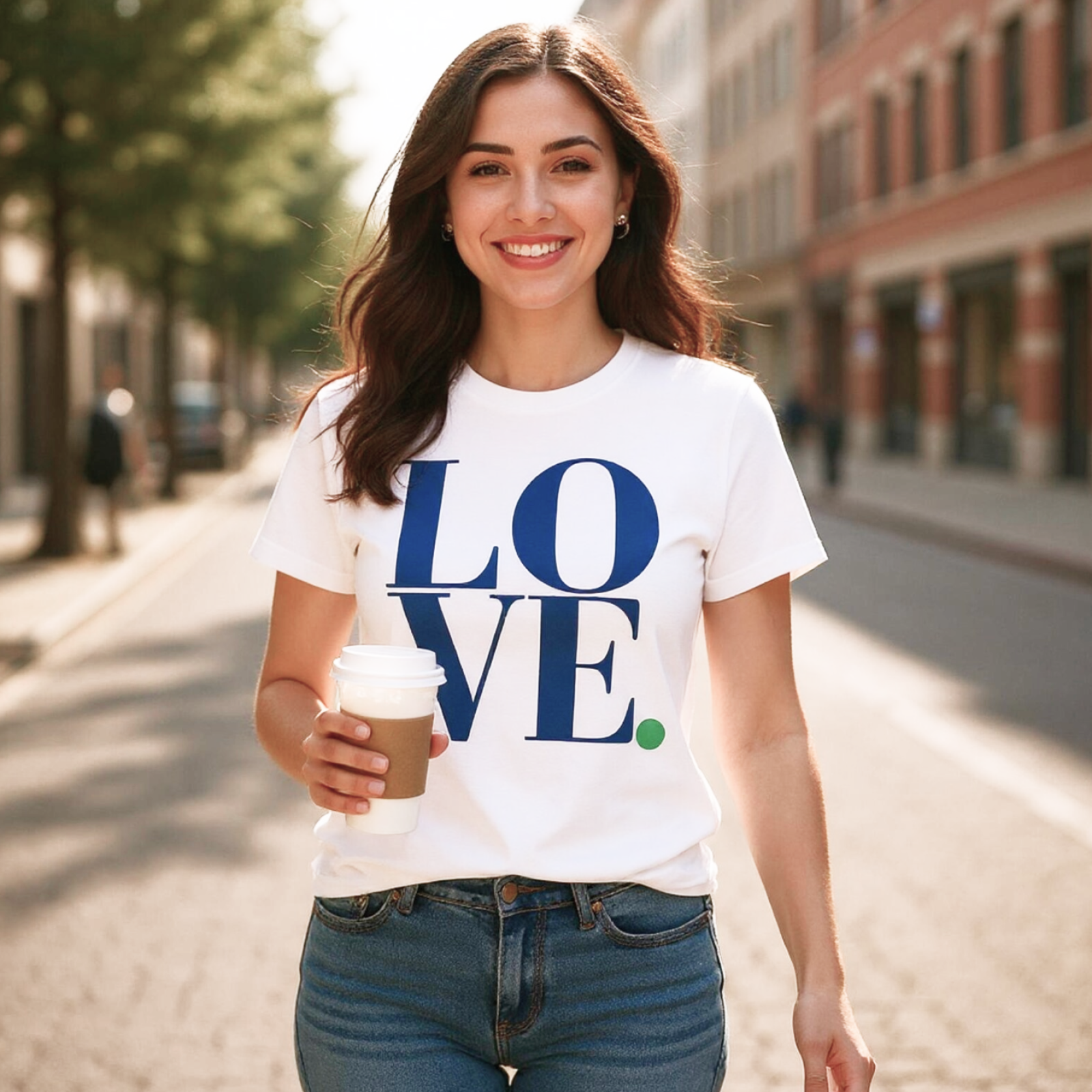Smiling woman in a "LOVE" T-shirt holding a coffee cup, walking down a sunlit city street with trees and buildings in the background.