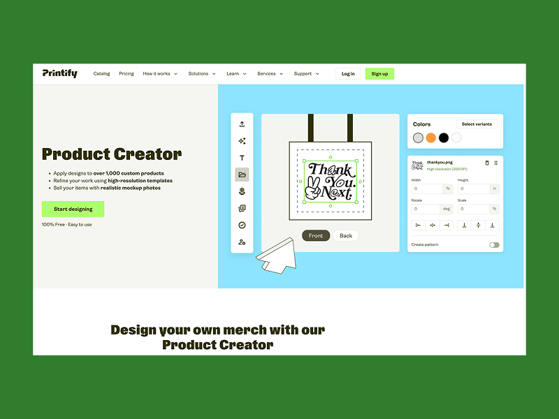 Screenshot of a Printify product creator interface on a green background.