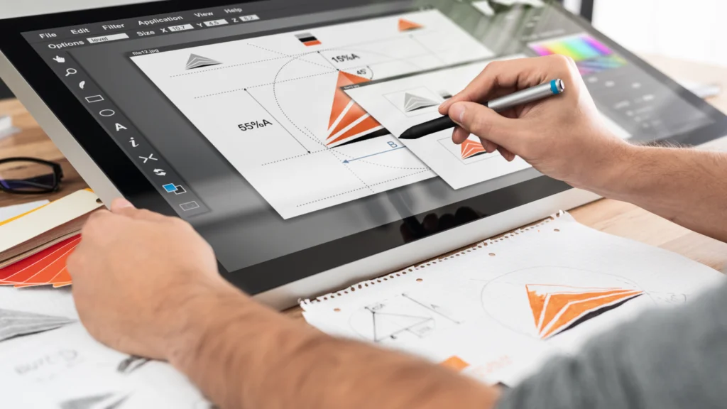A person uses a tablet with a stylus to design a logo. There are sketches and color swatches on a desk.