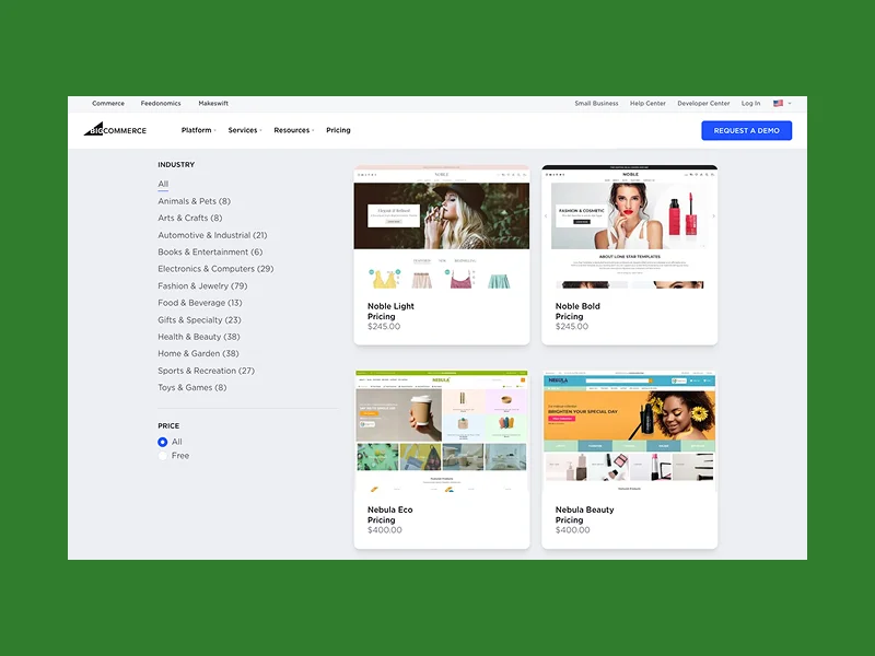BigCommerce platform interface showing four website templates with pricing: Noble Light, Noble Bold, Nebula Eco, and Nebula Beauty.