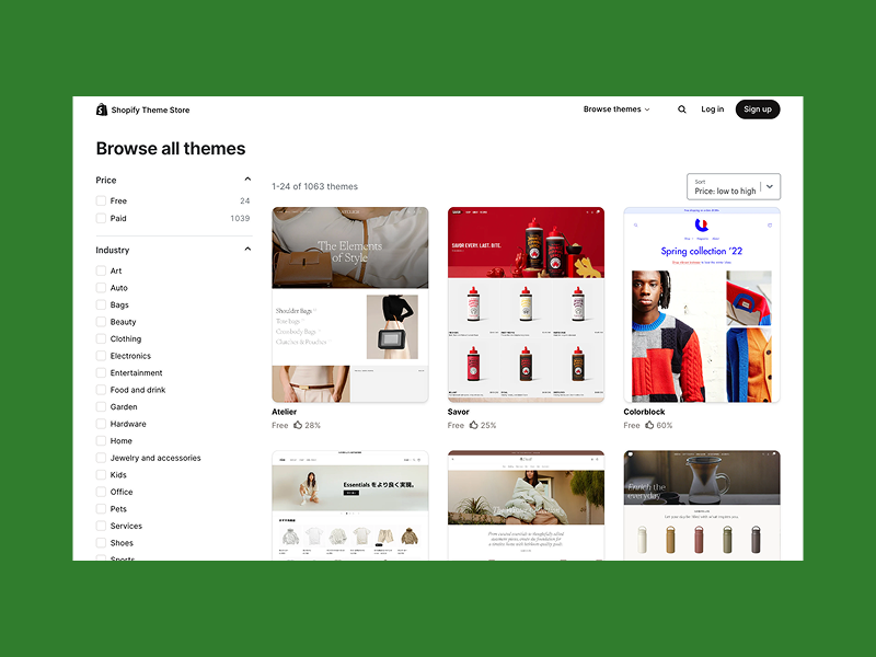 Shopify theme store page displaying various themes.