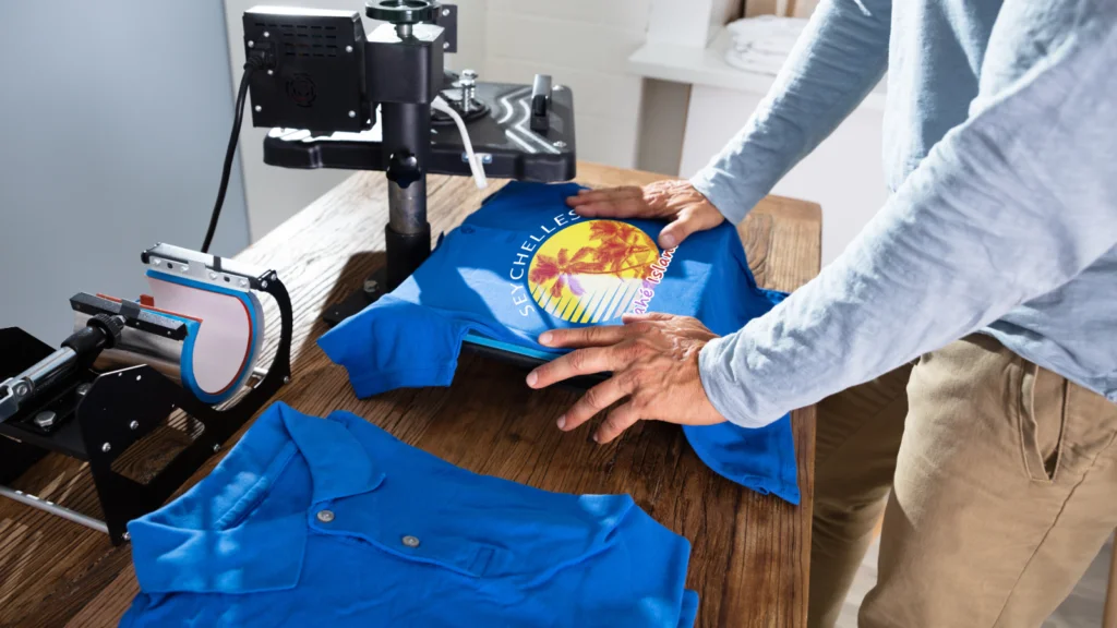 Person using a heat press machine to print a vibrant Seychelles beach scene on a blue T-shirt.