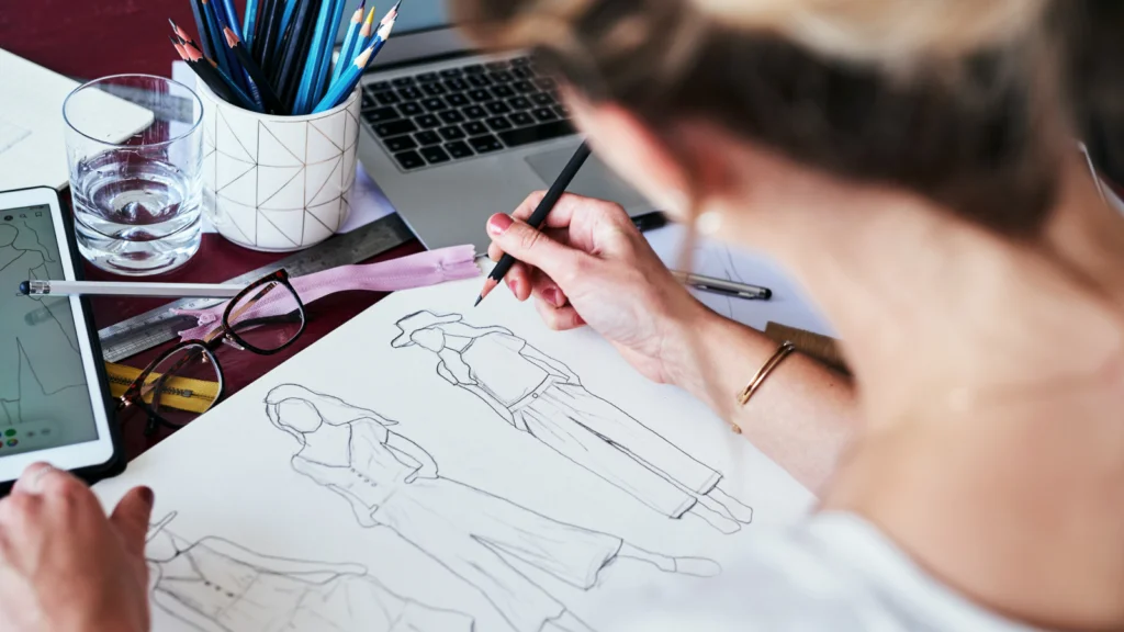 A person sketches fashion designs on paper, surrounded by a laptop, tablet, and cup of pencils.