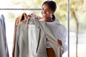 Smiling woman holding up a plaid blazer on a rack of clothes, conveying a sense of style and joy.