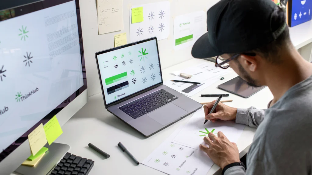 A designer at a desk works on logo sketches, using a laptop displaying logo variations. Surrounded with stationery and sticky notes.