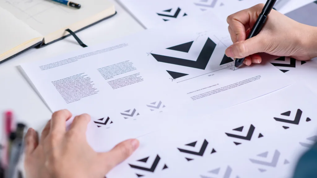 A hand sketching a geometric logo design on paper, surrounded by printouts of logo variations.