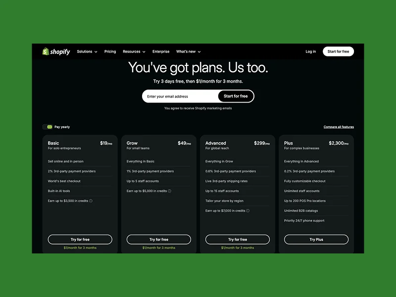 Shopify pricing plans displayed on a black background, highlighting options: Basic, Grow, Advanced, Plus.