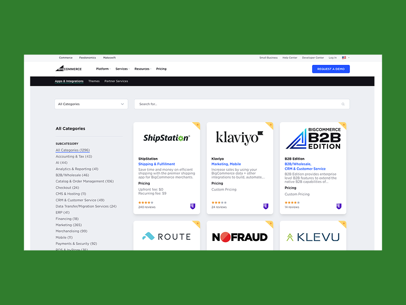 A screenshot of the BigCommerce app marketplace shows integration options like ShipStation and Klaviyo, with ratings and pricing details on a clean interface.