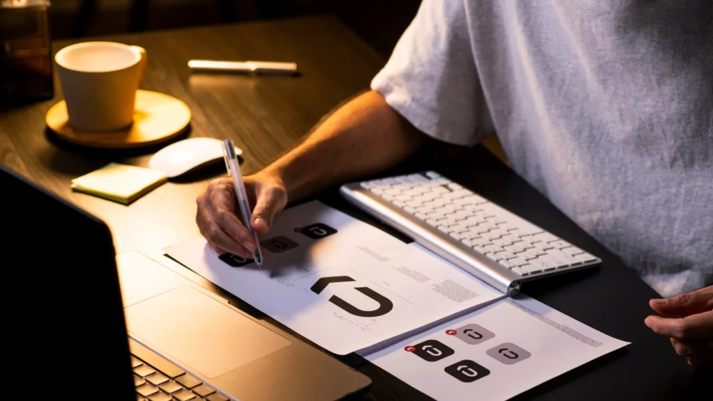 A person working at a desk with logo designs on paper, typing with a keyboard.