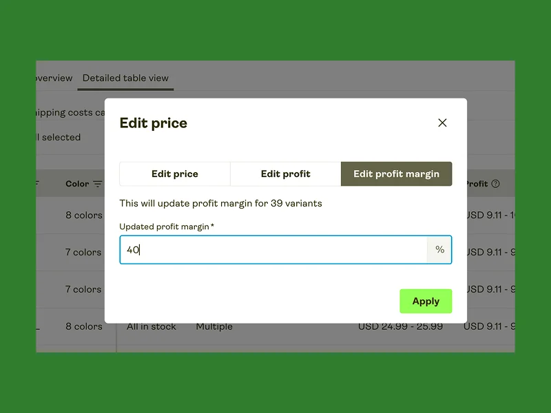 A pop-up window titled "Edit price" with tabs for editing price, profit, and profit margin.