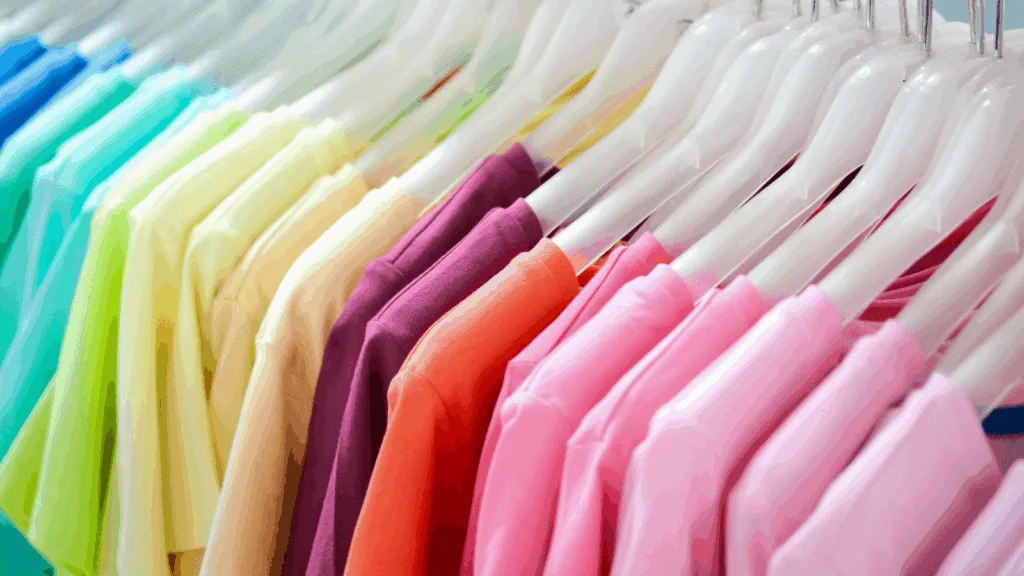 A row of colorful T-shirts hangs neatly on white hangers, displaying a spectrum of vibrant colors from green to pink, evoking a cheerful and organized vibe.