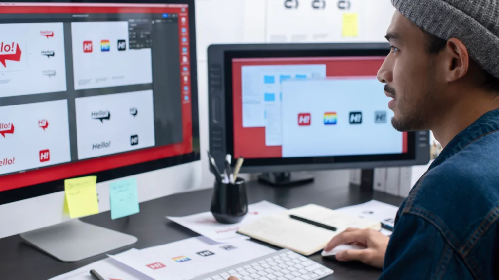 A designer focused on creating logo designs displayed on two computer screens.