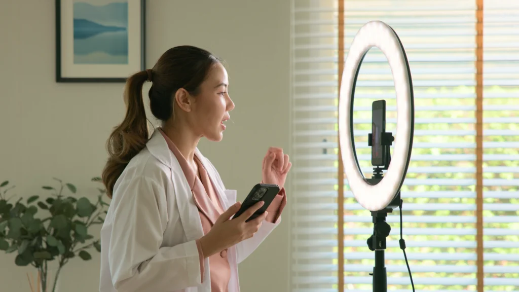 A woman in a white coat is using a smartphone and a ring light to record a video in a bright room.