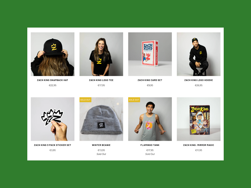 Merchandise grid with various items: snapback hat, logo tee, card set, logo hoodie, sticker set, beanie, tank top, and book.