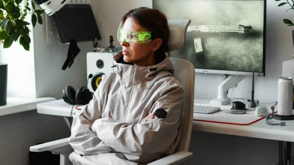A woman wearing green visor glasses and a light gray jacket sits with arms crossed in a modern office.